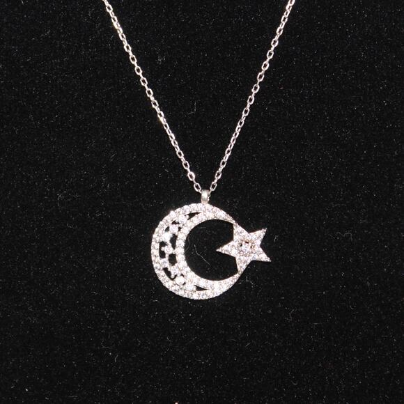 Brilliant Crystal 925 Sterling Silver Moon & Star Necklace Turkish Flag - Picture 7 of 11